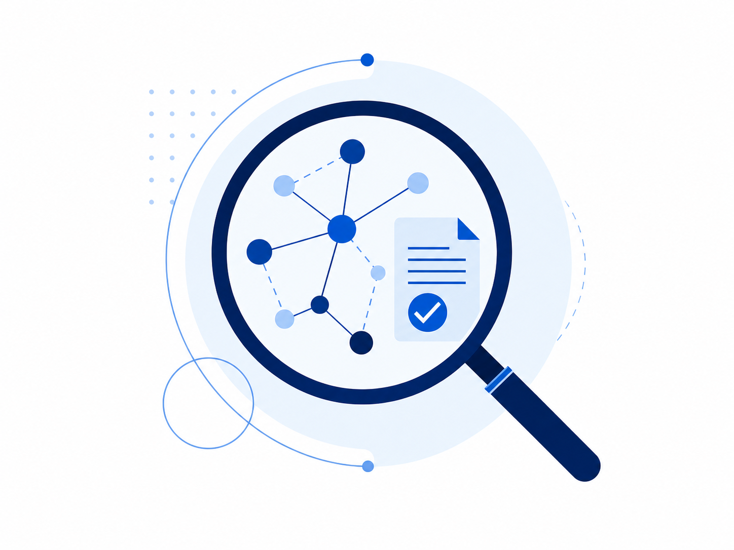 Ilustración minimalista de una lupa sobre datos y evidencias de investigación